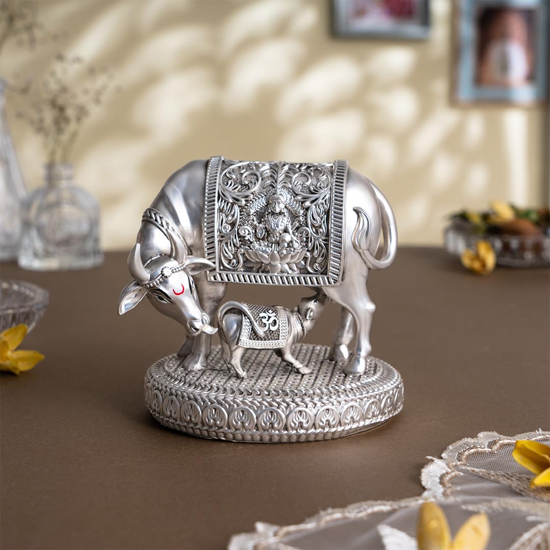 Kamdhenu Cow Idol with Calf – Silver